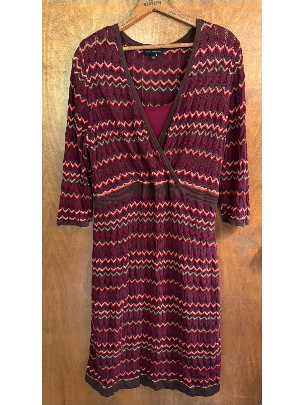 Lane Bryant Burgundy Zigzag Knit V-Neck Sweater Dress Office Work Career Artsy